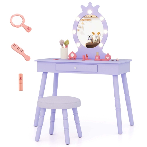 Costway Kids Vanity Set Princess Vanity Table & Chair Set with Lighted Mirror
