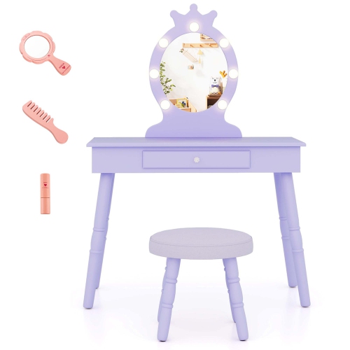 Costway Kids Vanity Set Princess Vanity Table & Chair Set with Lighted Mirror