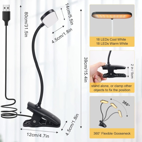 Clip on Light Reading Lights, 36 LED USB Desk Lamp with 5 Color Modes 5 Brightness, Eye Protection Book Clamp Light