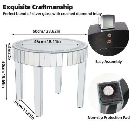 UNHO Luxury Mirrored Coffee Table:23.6x19.7 Inch Modern Silver Crystal Diamond Accent Table for Sofa Side Living Room Bedroom