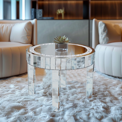 UNHO Luxury Mirrored Coffee Table:23.6x19.7 Inch Modern Silver Crystal Diamond Accent Table for Sofa Side Living Room Bedroom