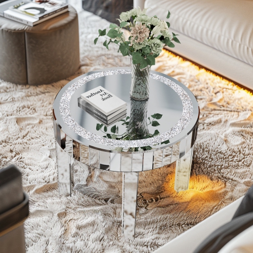 UNHO Luxury Mirrored Coffee Table:23.6x19.7 Inch Modern Silver Crystal Diamond Accent Table for Sofa Side Living Room Bedroom