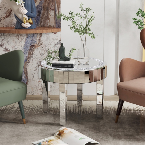 UNHO Luxury Mirrored Coffee Table:23.6x19.7 Inch Modern Silver Crystal Diamond Accent Table for Sofa Side Living Room Bedroom