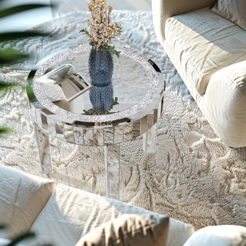 UNHO Luxury Mirrored Coffee Table:23.6x19.7 Inch Modern Silver Crystal Diamond Accent Table for Sofa Side Living Room Bedroom