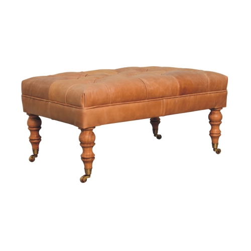Artisan Furniture Buffalo Tan Leather Ottoman with Castor Legs In Walnut Finish