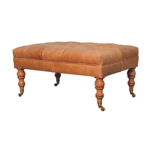 Artisan Furniture Buffalo Tan Leather Ottoman with Castor Legs In Walnut Finish