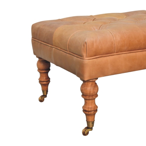 Artisan Furniture Buffalo Tan Leather Ottoman with Castor Legs In Walnut Finish