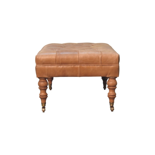 Artisan Furniture Buffalo Tan Leather Ottoman with Castor Legs In Walnut Finish