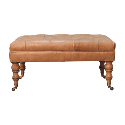 Artisan Furniture Buffalo Tan Leather Ottoman with Castor Legs In Walnut Finish