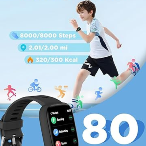 Smart Watch for Kids, 1.8" Fitness Tracker Watch Pedometer, Heart Rate, IP68 Waterproof, Sleep Monitor, Calorie Step Counter, 5 Puzzle Games