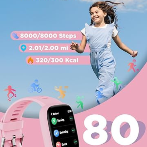 Smart Watch for Kids, 1.8" Fitness Tracker Watch Pedometer, Heart Rate, IP68 Waterproof, Sleep Monitor, Calorie Step Counter, 5 Puzzle Games