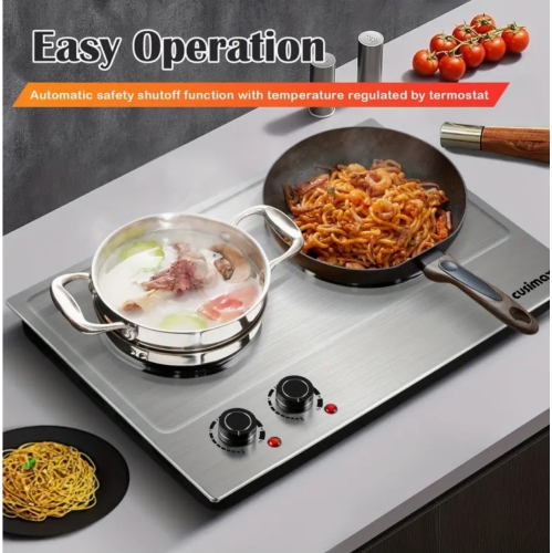 1800W Portable Double Hot Plate, Stainless Steel Countertop Cooktop, Cast Iron Electric Double Burner, Easy To Clean