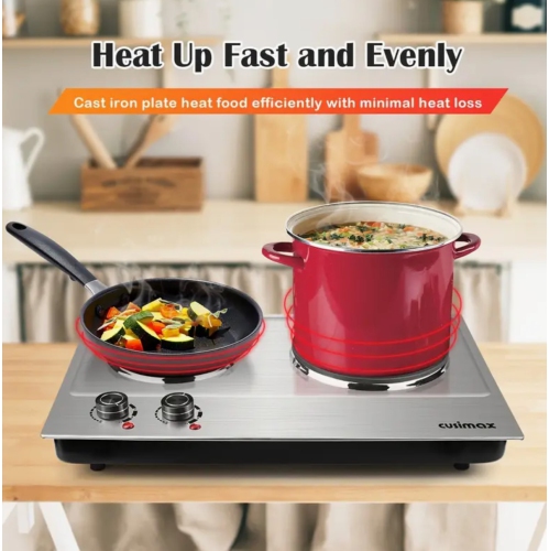 Plaque chauffante double portative de 1800&nbsp;W, surface de cuisson de comptoir en acier inoxydable, double brûleur électrique en fonte, facile à