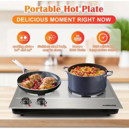 Plaque chauffante double portative de 1800&nbsp;W, surface de cuisson de comptoir en acier inoxydable, double brûleur électrique en fonte, facile à