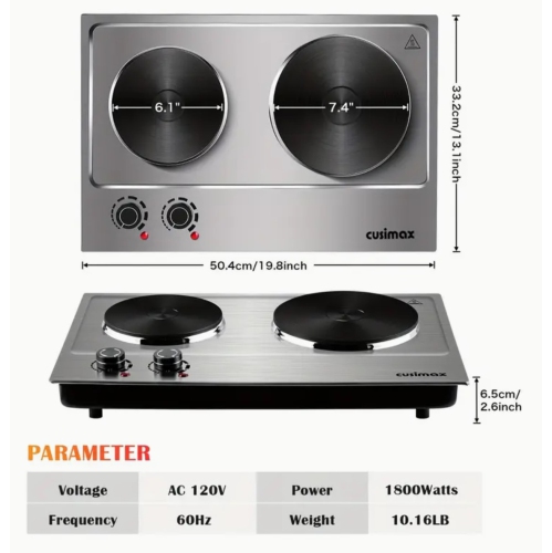 Plaque chauffante double portative de 1800&nbsp;W, surface de cuisson de comptoir en acier inoxydable, double brûleur électrique en fonte, facile à