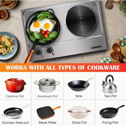 Plaque chauffante double portative de 1800&nbsp;W, surface de cuisson de comptoir en acier inoxydable, double brûleur électrique en fonte, facile à