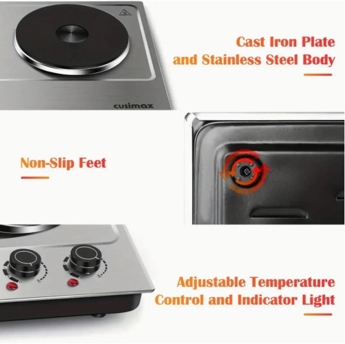 Plaque chauffante double portative de 1800&nbsp;W, surface de cuisson de comptoir en acier inoxydable, double brûleur électrique en fonte, facile à