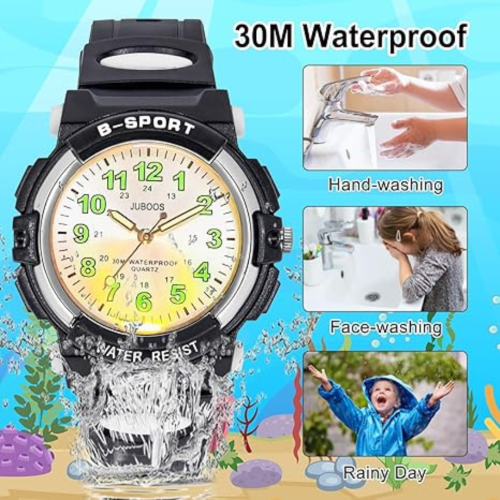 Juboos Kids Watch Analog with 7 Colorful Night Lights Boys Girls Waterproof Soft Strap Kids Time Teaching Quartz Wristwatch for Ages 5-18, Kids Gifts