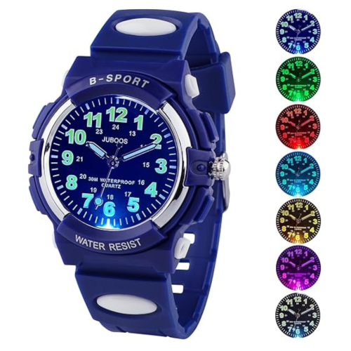 Juboos Kids Watch Analog with 7 Colorful Night Lights Boys Girls Waterproof Soft Strap Kids Time Teaching Quartz Wristwatch for Ages 5-18, Kids Gifts