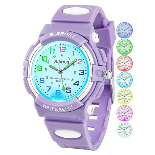 Juboos Kids Watch Analog with 7 Colorful Night Lights Boys Girls Waterproof Soft Strap Kids Time Teaching Quartz Wristwatch for Ages 5-18, Kids Gifts