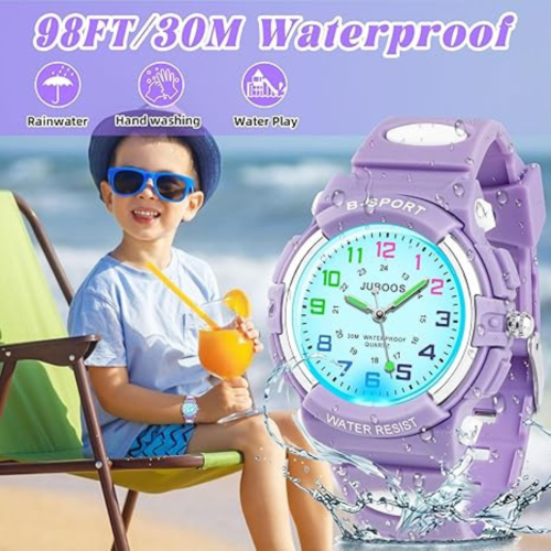 Juboos Kids Watch Analog with 7 Colorful Night Lights Boys Girls Waterproof Soft Strap Kids Time Teaching Quartz Wristwatch for Ages 5-18, Kids Gifts