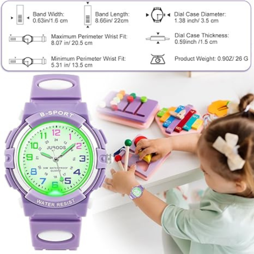 Juboos Kids Watch Analog with 7 Colorful Night Lights Boys Girls Waterproof Soft Strap Kids Time Teaching Quartz Wristwatch for Ages 5-18, Kids Gifts