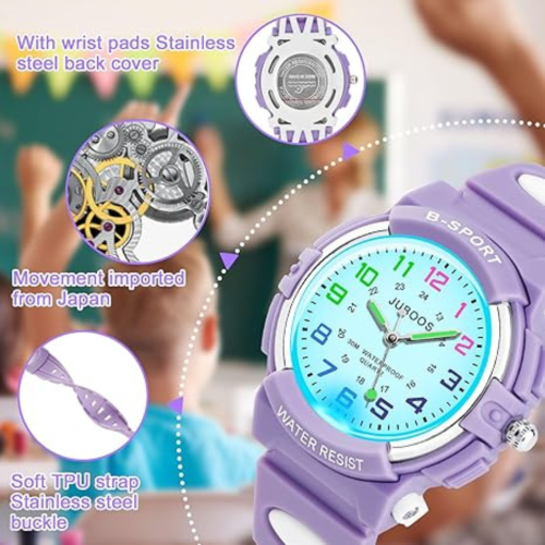 Juboos Kids Watch Analog with 7 Colorful Night Lights Boys Girls Waterproof Soft Strap Kids Time Teaching Quartz Wristwatch for Ages 5-18, Kids Gifts