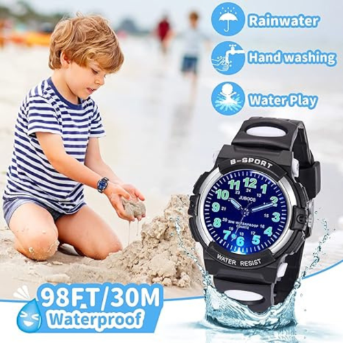 Juboos Kids Watch Analog with 7 Colorful Night Lights Boys Girls Waterproof Soft Strap Kids Time Teaching Quartz Wristwatch for Ages 5-18, Kids Gifts