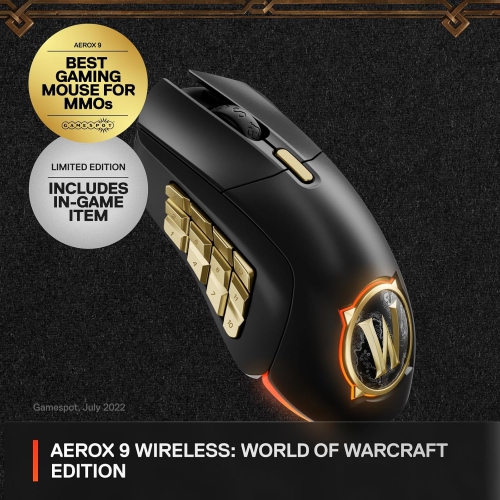 SteelSeries Aerox 9 Wireless: World of Warcraft Edition, Free in-Game Item, MMO Gaming Mouse , 18 Programmable Buttons, Lightweight, Bluetooth/2.4GHz