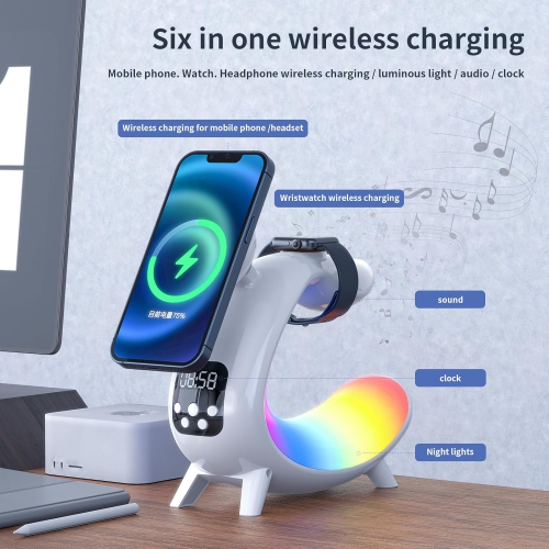 6 in 1 Wireless Charging Station, 15W Fast Magnetic Wireless Charger Stand, Night Light Clock Bluetooth Speaker Loud Bedroom Sleep Ambient Light