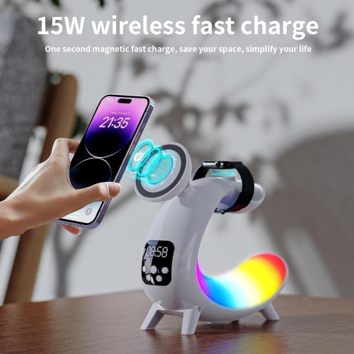6 in 1 Wireless Charging Station, 15W Fast Magnetic Wireless Charger Stand, Night Light Clock Bluetooth Speaker Loud Bedroom Sleep Ambient Light