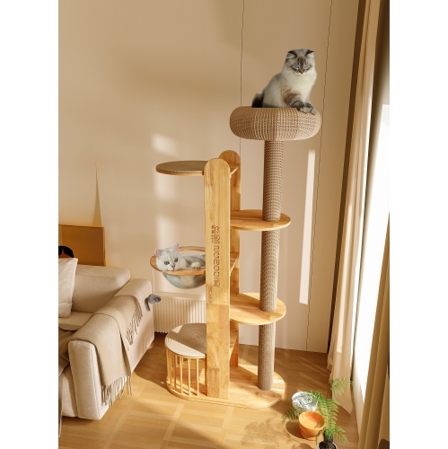 MiaoZan Solid Oak Cat Tree - Cloud Mist