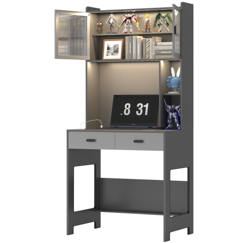 Vlsrka Home Office Desk with Hutch, Modern Computer Gaming Desk with LED Lights & Power Outlets, Grey Study Table with Storage Shelves, Teen Writing