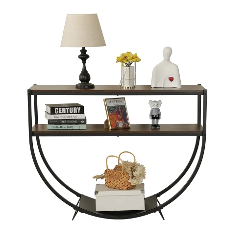 U-HOMY  48L X 15W X 34H Inch Modern Arc-Shaped Console Table With Storage Shelves - In Black