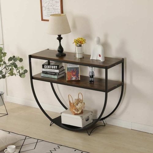 U-HOMY 48L x 15W x 34H inch Modern Arc-Shaped Console Table with Storage Shelves - Black