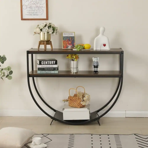 U-HOMY 48L x 15W x 34H inch Modern Arc-Shaped Console Table with Storage Shelves - Black
