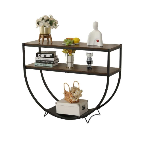 U-HOMY 48L x 15W x 34H inch Modern Arc-Shaped Console Table with Storage Shelves - Black