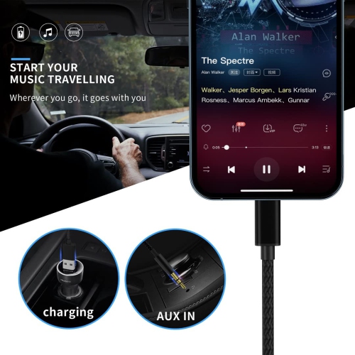 Audio Charging Cable 2in1 Car AUX Cord Compatible with Phone 12 11 SE XS XR X 8 7, Audio and USB A Charging Adapter