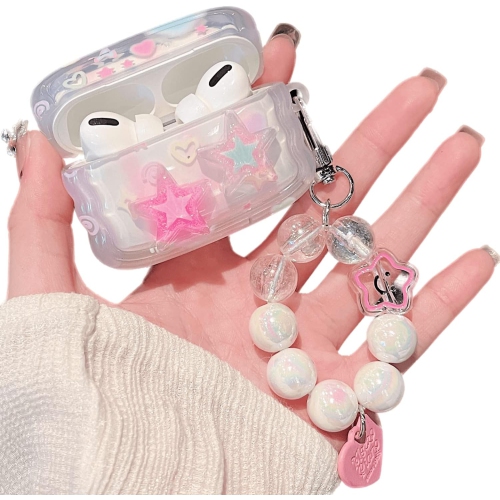 MINSCOSE  Compatible With Airpod Pro Clear Case, Cute 3D Stars Pattern Design With Love Heart Keychain, Soft Tpu