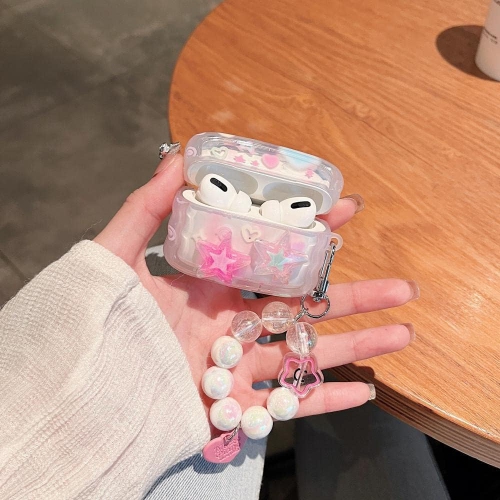 Compatible with AirPod Pro Clear Case,Cute 3D Stars Pattern Design with Love Heart Keychain, Soft TPU