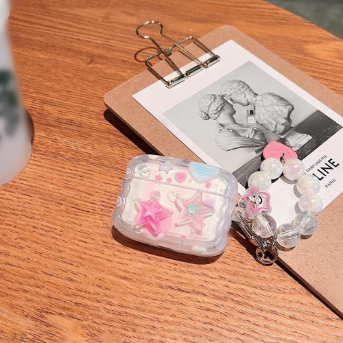 Compatible with AirPod Pro Clear Case,Cute 3D Stars Pattern Design with Love Heart Keychain, Soft TPU