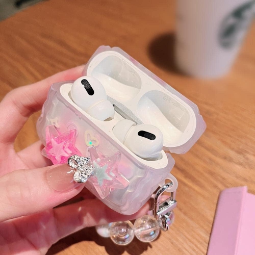 Compatible with AirPod Pro Clear Case,Cute 3D Stars Pattern Design with Love Heart Keychain, Soft TPU