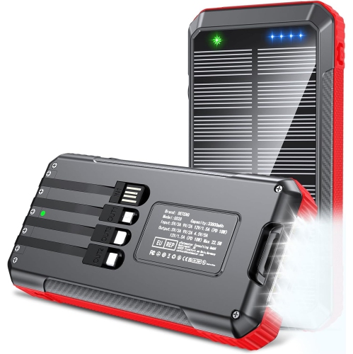 Solar Power Bank 33800mAh Built in Cables, USB C Fast