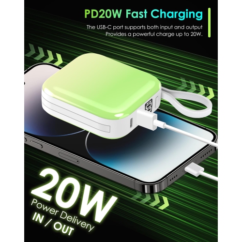 Mini Portable Charger Power Bank,22.5W 10000mAh Fast Charging Portable Phone Charger with Built in iOS and USB-C Output