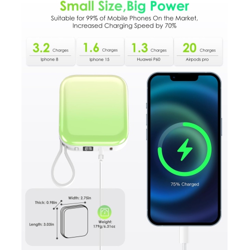 Mini Portable Charger Power Bank,22.5W 10000mAh Fast Charging Portable Phone Charger with Built in iOS and USB-C Output
