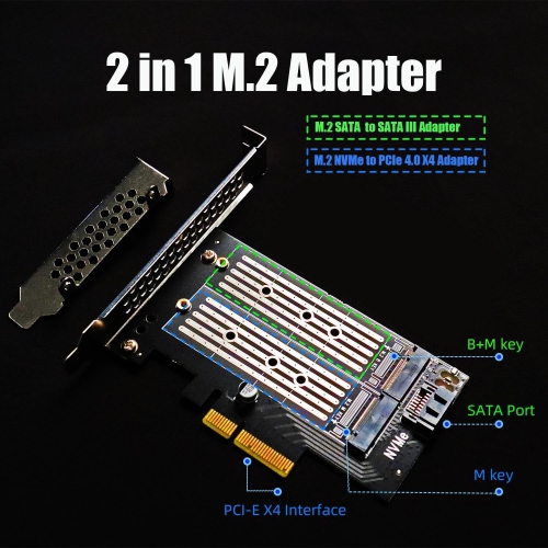 PA12 2-in-1 M.2 PCIe 4.0 X4 Adapter for One M.2 NVMe SSD and One M.2 SATA SSD, Support 2230/2242/2260/2280