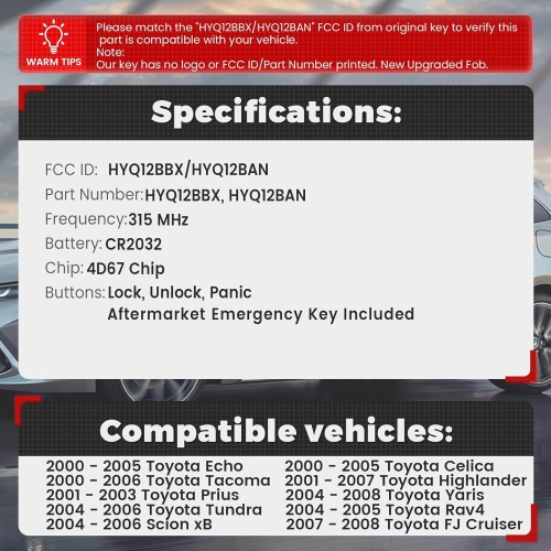 315MHz 4D67 Chip FCC: HYQ12BBX HYQ12BAN Upgraded Flip 2+1 3 Button Remote Key Fob for Toyota Celica Echo FJ