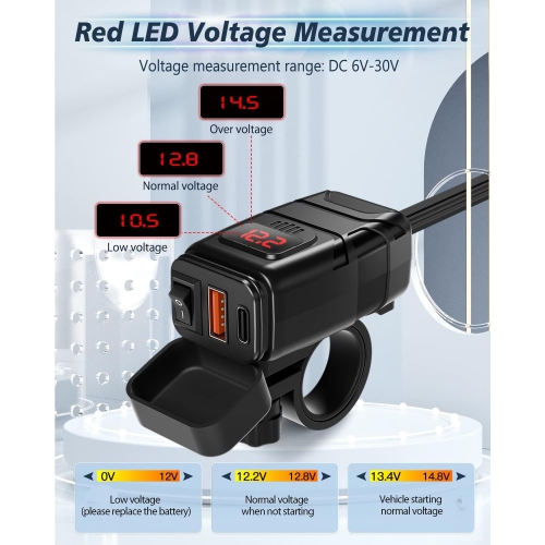 Chargeur de téléphone pour moto, 6,4&nbsp;A chargeur USB double de type C PD et chargeur USB Quick Charge 3,0 pour moto avec voltmètre et
