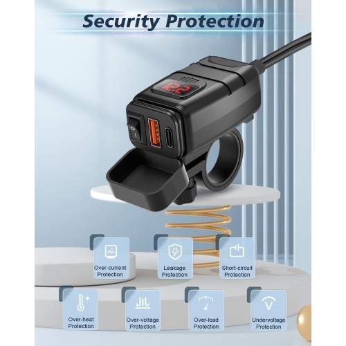 Chargeur de téléphone pour moto, 6,4&nbsp;A chargeur USB double de type C PD et chargeur USB Quick Charge 3,0 pour moto avec voltmètre et