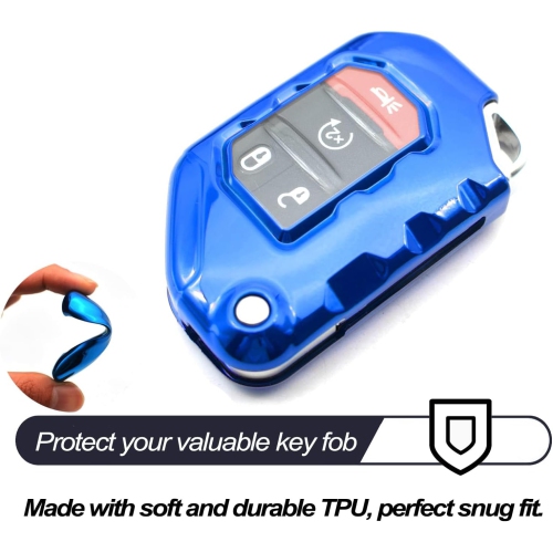 Compatible with Jeep Wrangler JL JLU Rubicon Wagoneer Gladiator JT Sahara JLU Blue TPU Flip Key Fob Cover Case